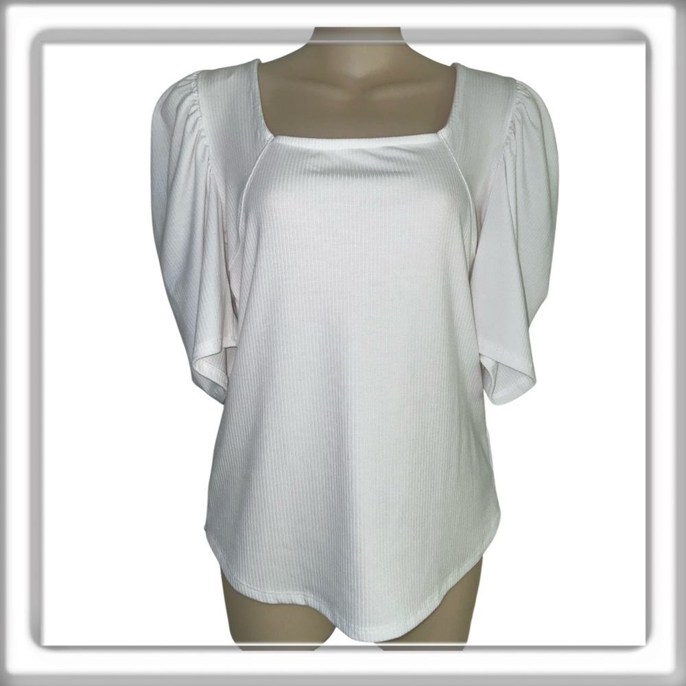 Industry White Puff Elbow Sleeve Ribbed Top Square Neck Size Medium